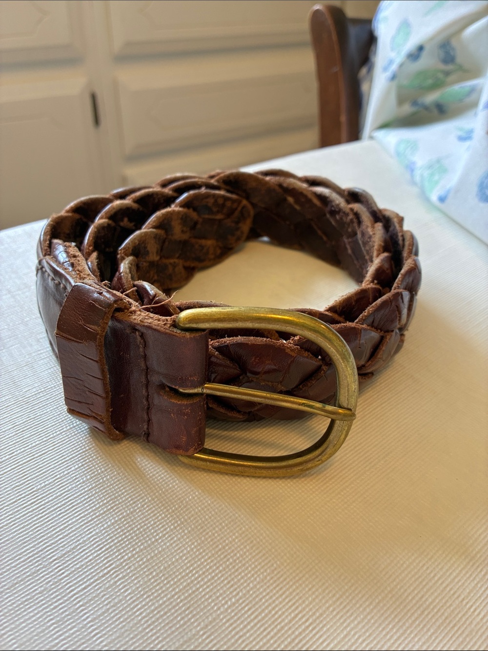 Women’s Braided Leather Belt with Brass Buckle - Brown